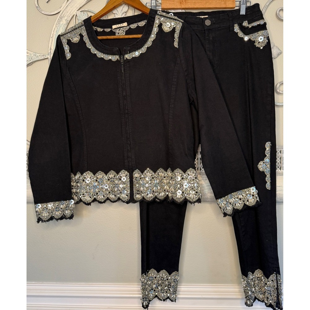 Luxe Moda Womens Black Embellished Denim 2 Piece Set Beaded Sequin Jacket Pants